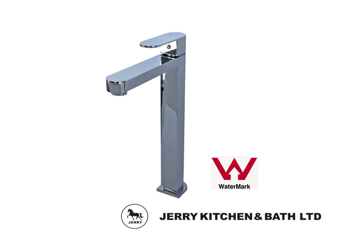 Chrome bathroom faucet with WaterMark and Jerry Kitchen & Bath Ltd logos.
