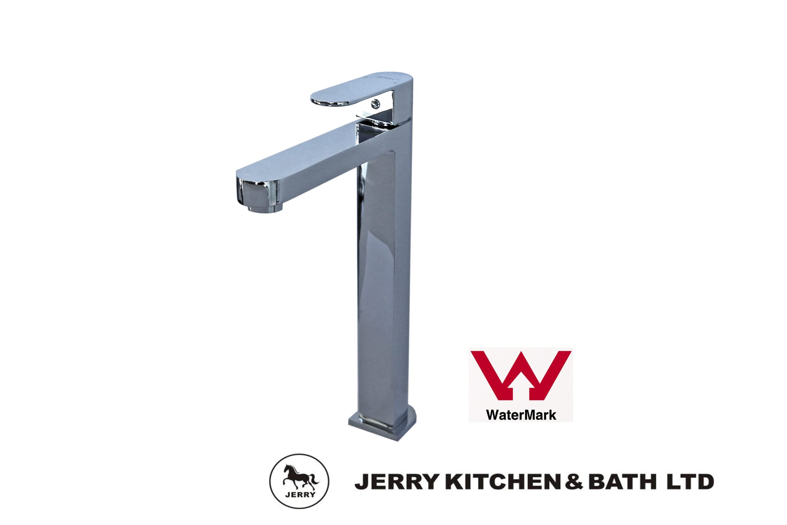 Chrome bathroom faucet with WaterMark and Jerry Kitchen & Bath Ltd logos.
