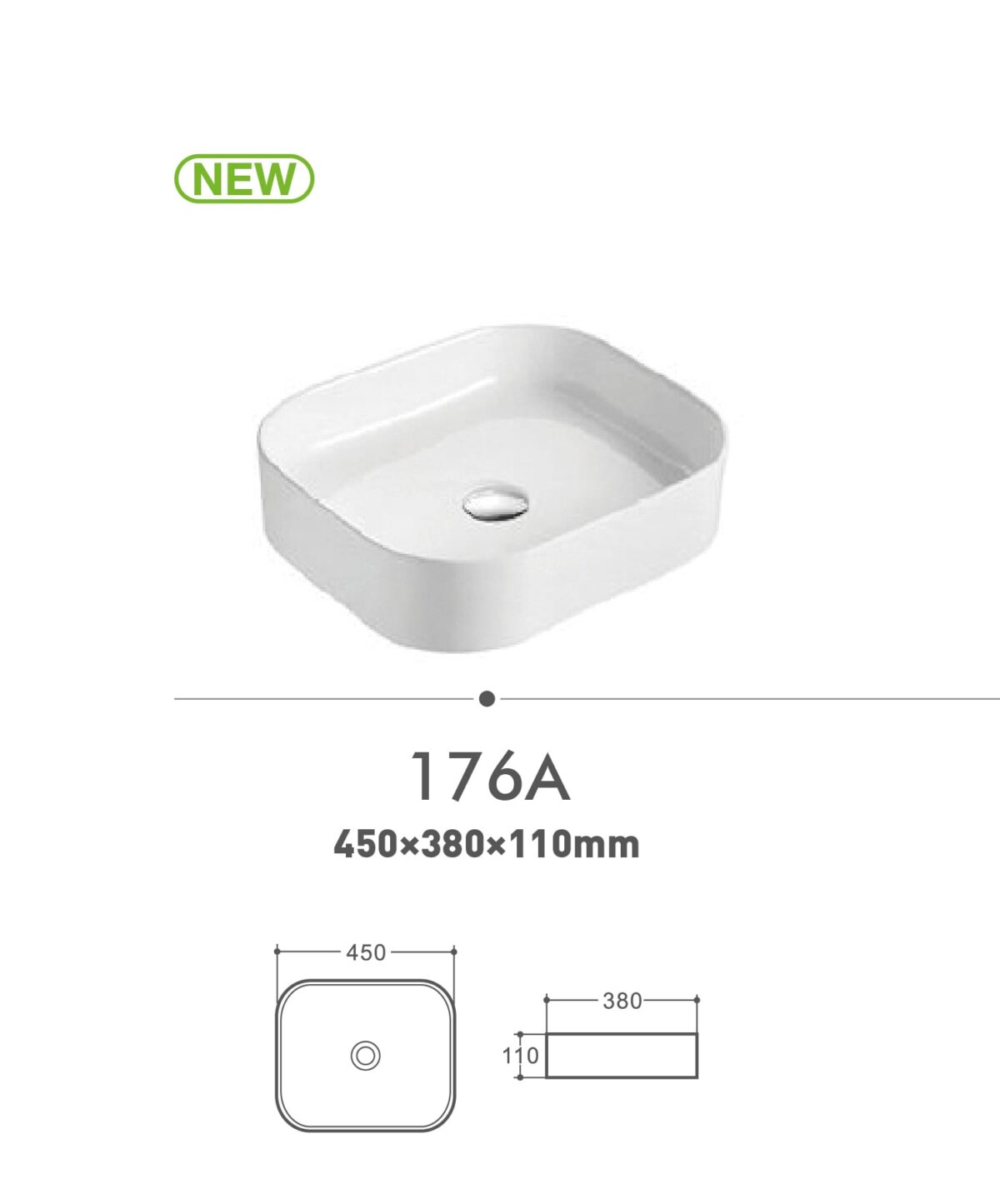White rectangular sink model 176A with dimensions 450x380x110mm.