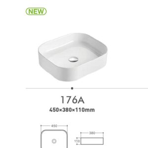 White rectangular sink model 176A with dimensions 450x380x110mm.