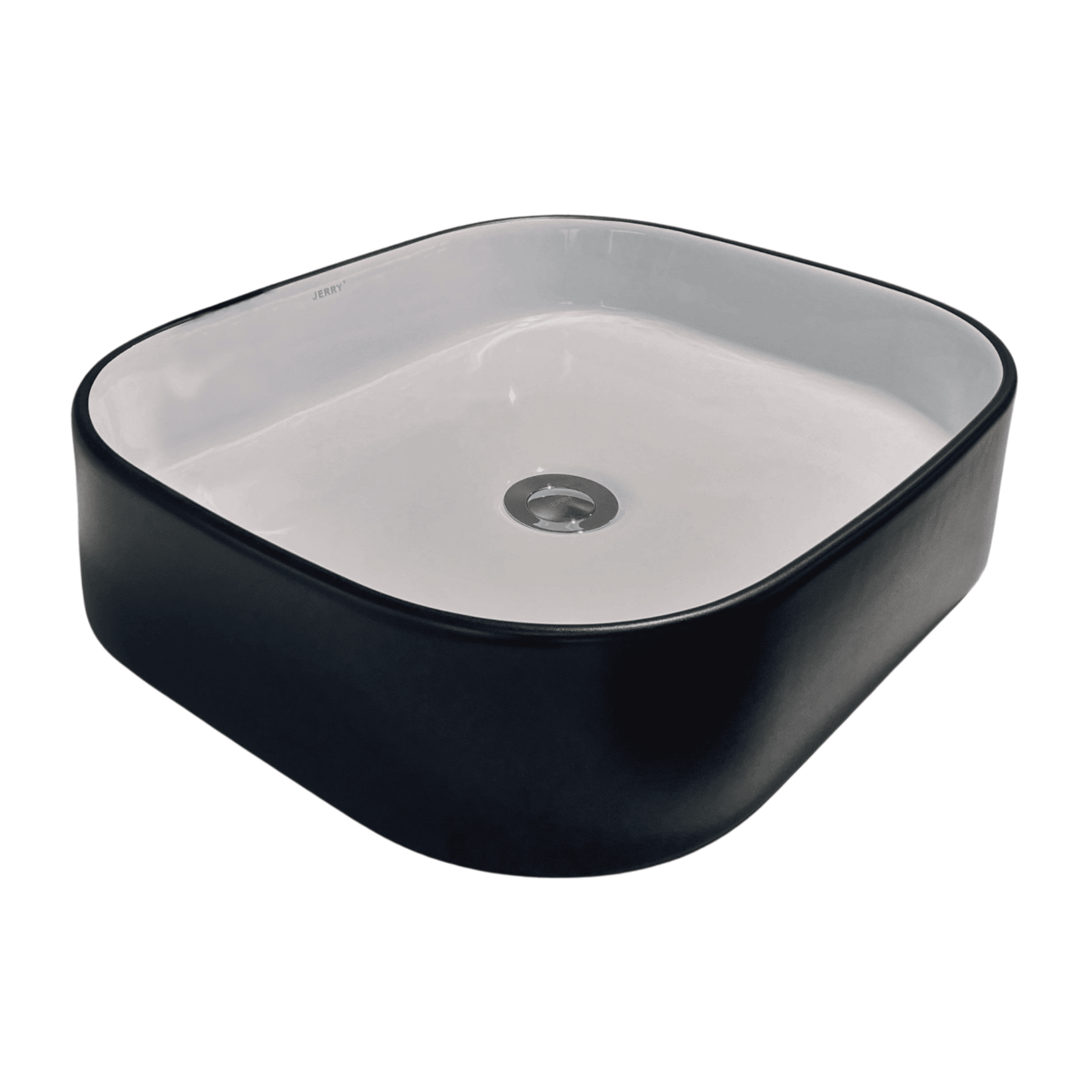 Square black and white ceramic bathroom basin.