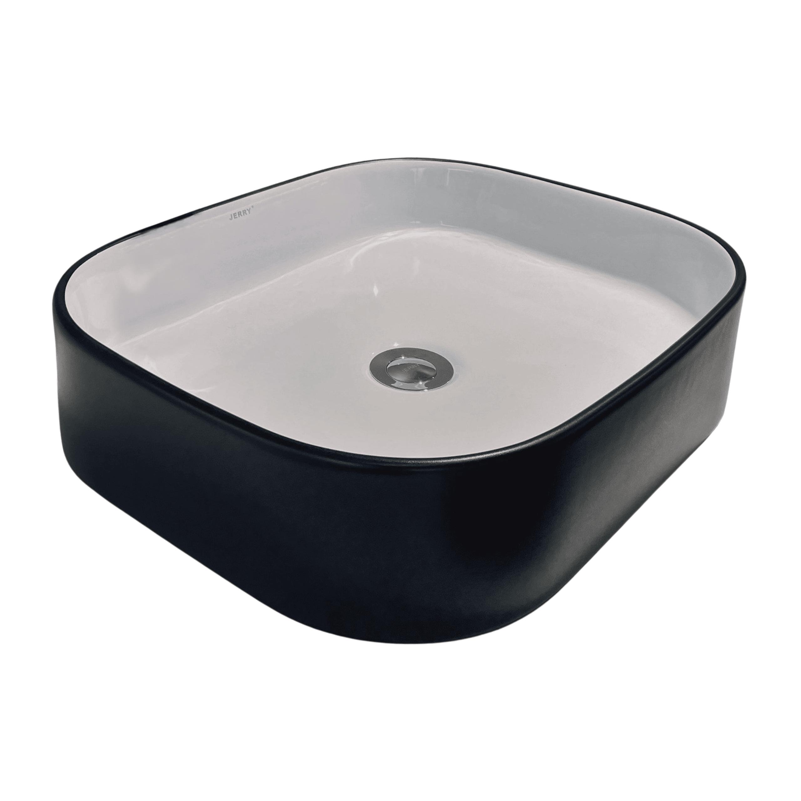Square black and white ceramic bathroom basin.