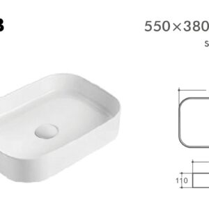 Rectangular white sink with dimensions 550x380x110 mm.