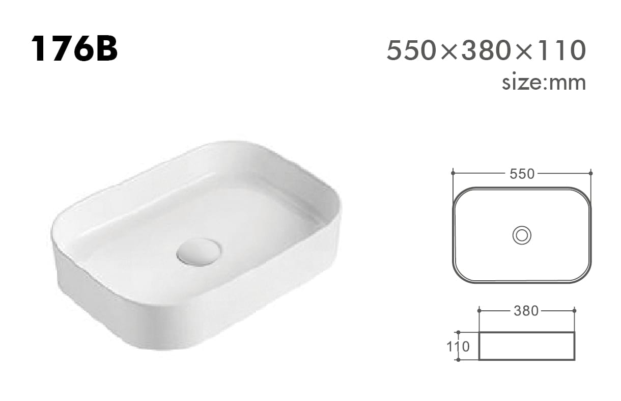 Rectangular white sink with dimensions 550x380x110 mm.