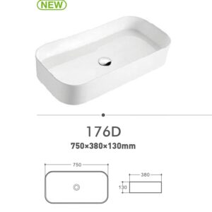 Rectangular white sink model 176D with dimensions 750x380x130mm.