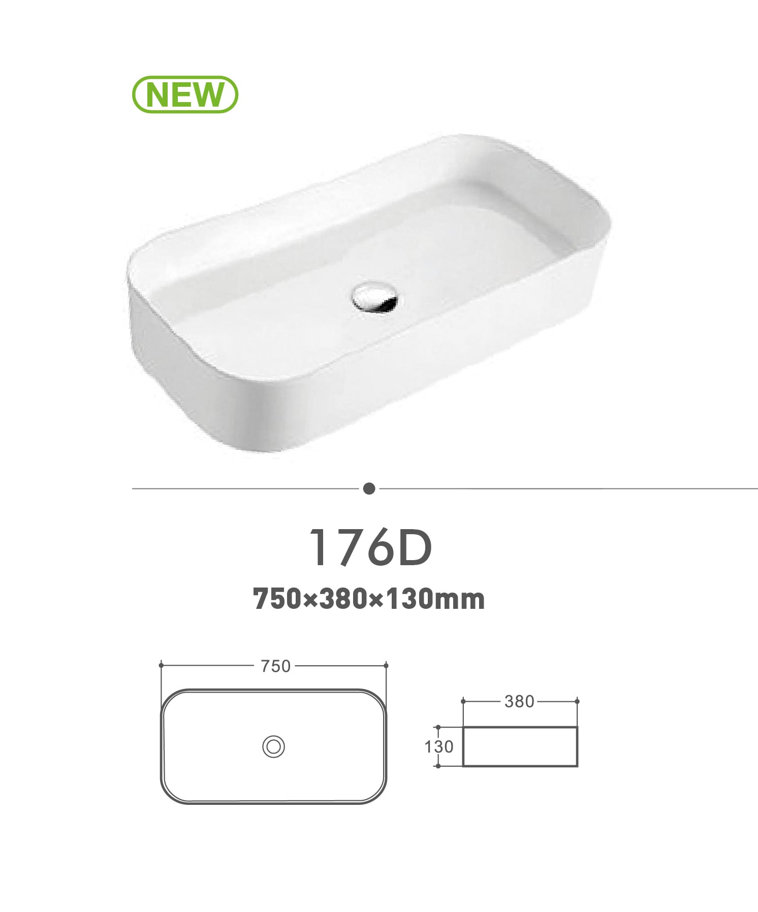 Rectangular white sink model 176D with dimensions 750x380x130mm.
