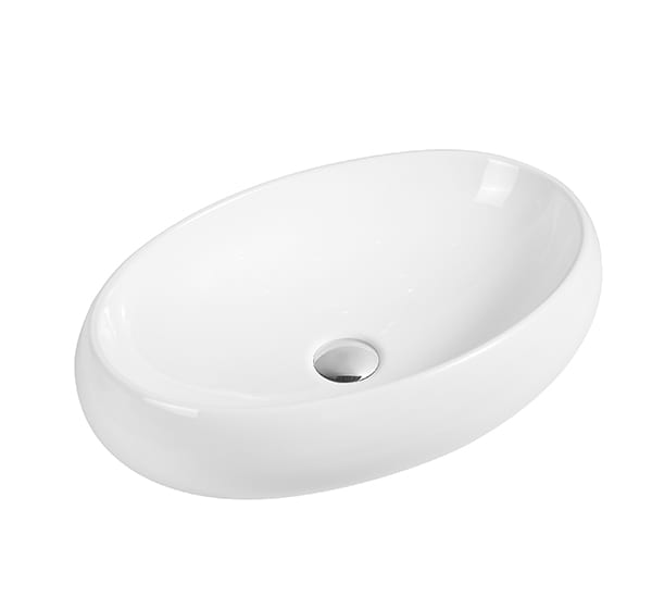 White oval ceramic bathroom sink on white background.