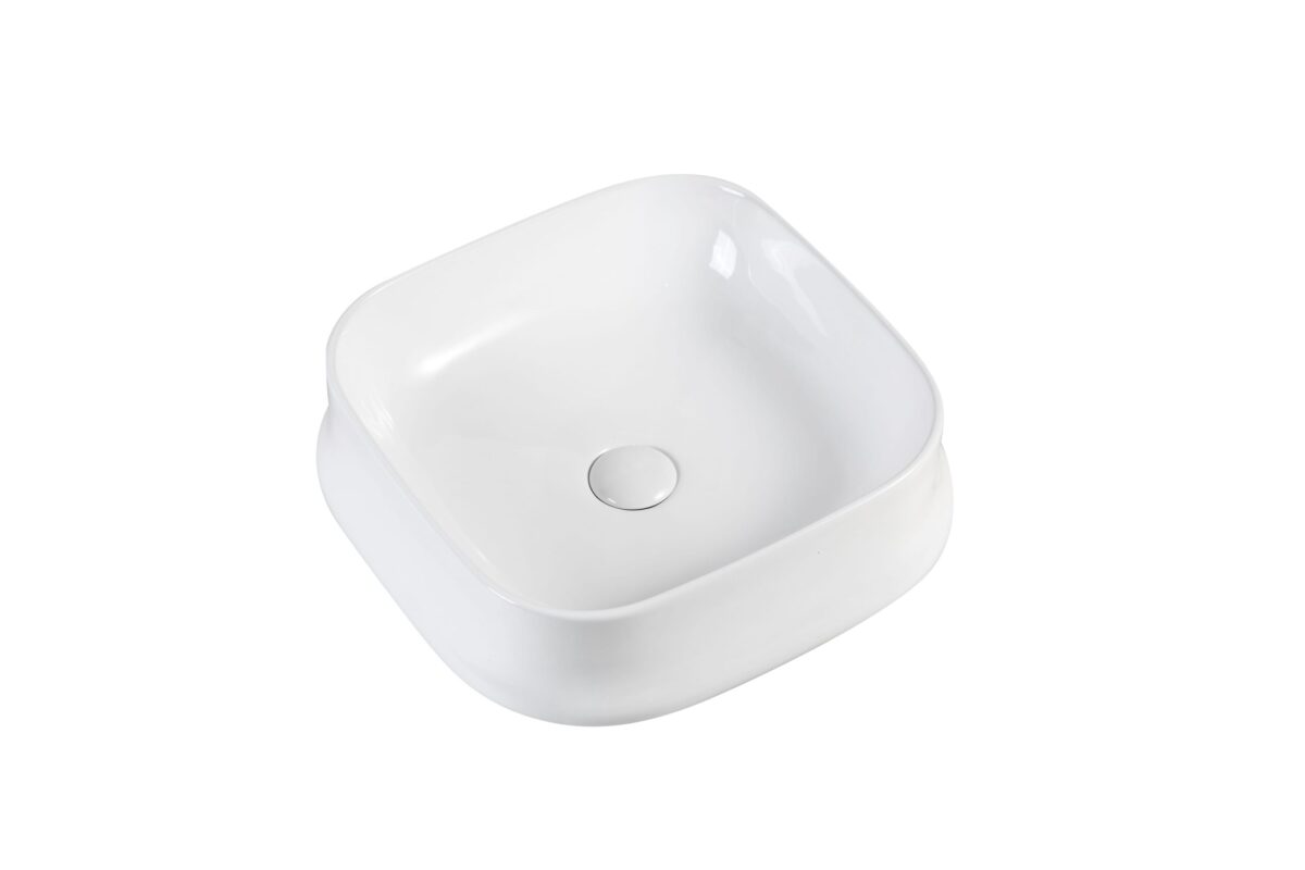 White ceramic square sink on a white background.