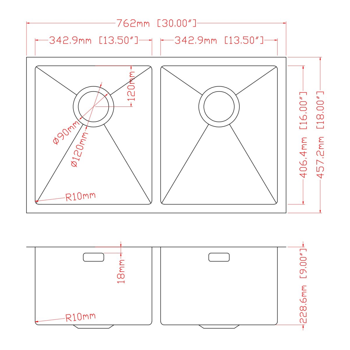 Double kitchen sink dimensions with detailed measurements in millimeters and inches.