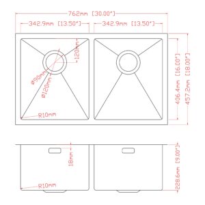 Double kitchen sink dimensions with detailed measurements in millimeters and inches.