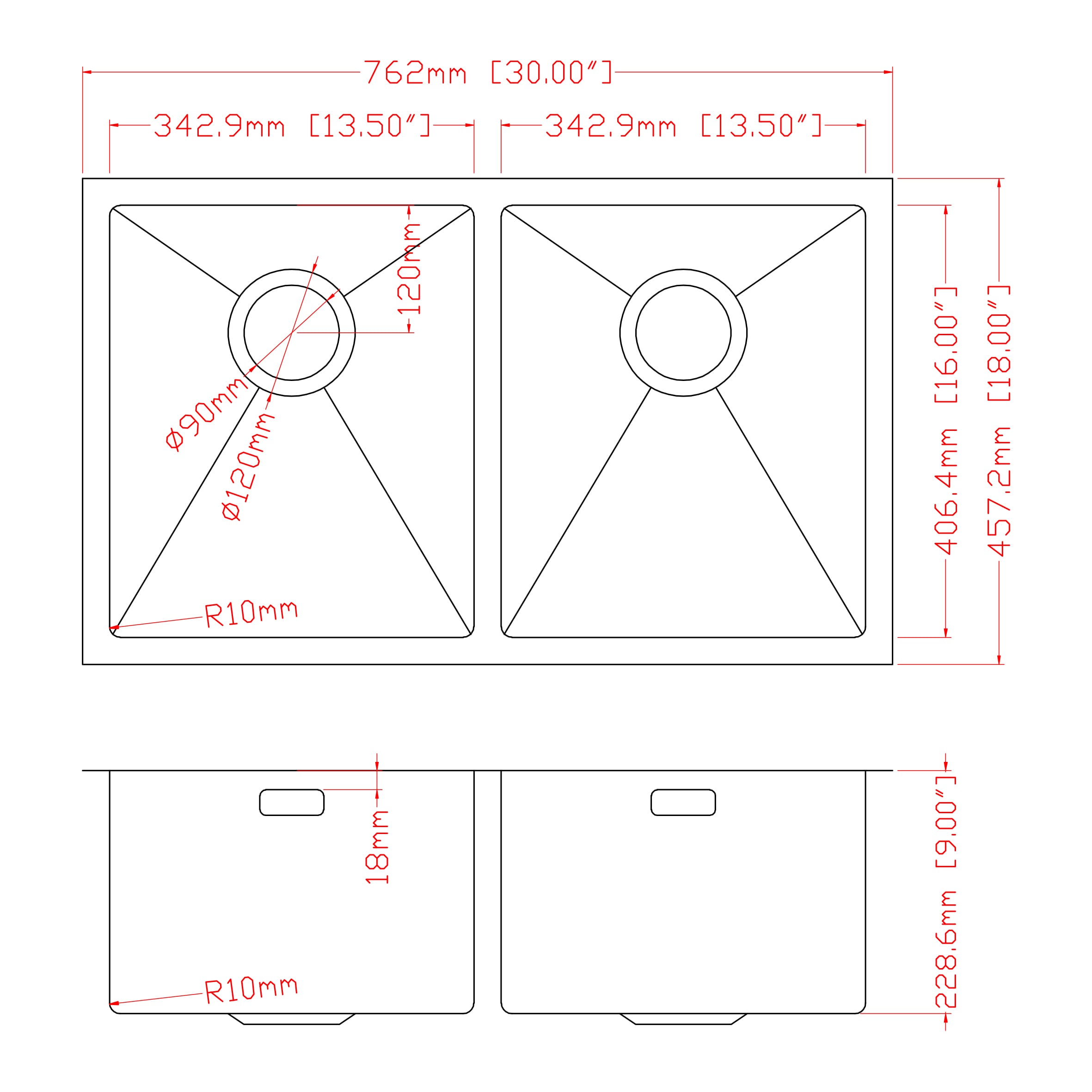 Double kitchen sink dimensions with detailed measurements in millimeters and inches.