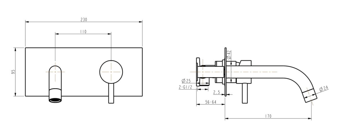 Technical drawing of a wall-mounted kitchen faucet with dimensions.
