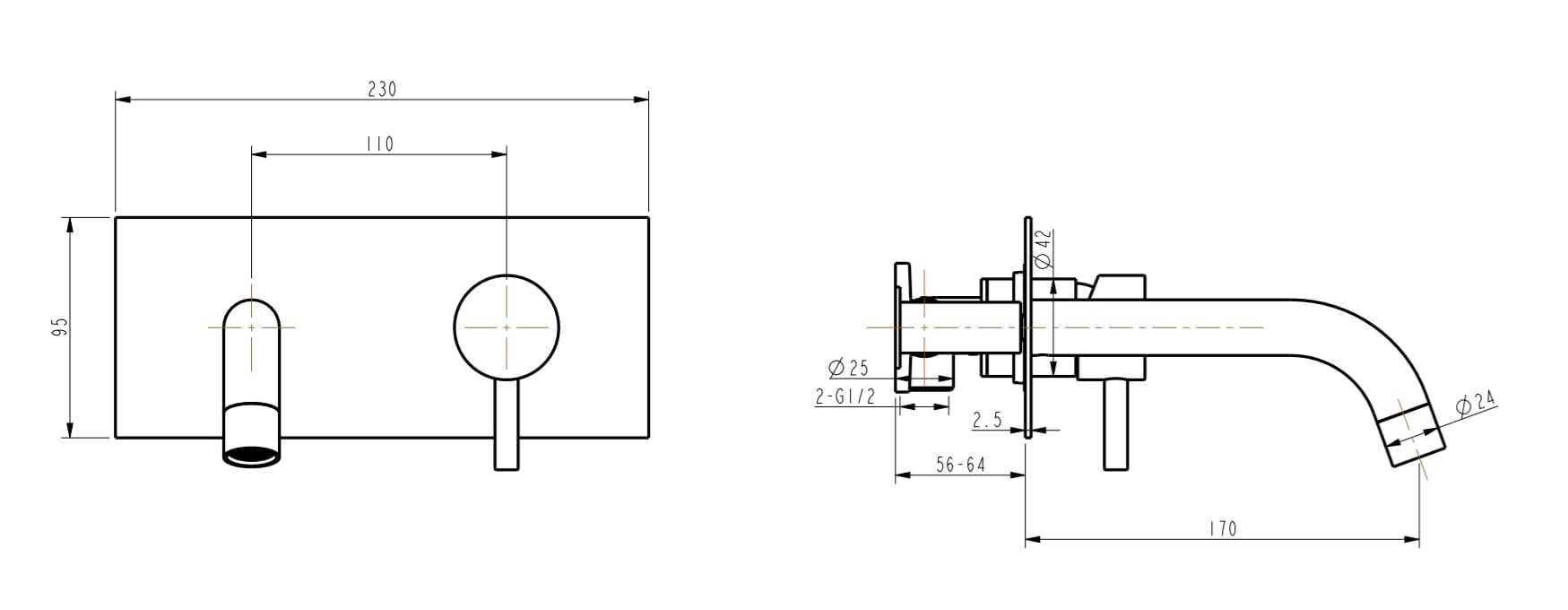 Technical drawing of a wall-mounted kitchen faucet with dimensions.