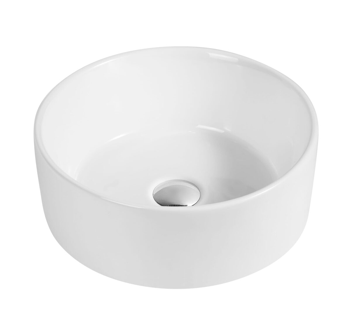 White ceramic round bathroom sink on white background.