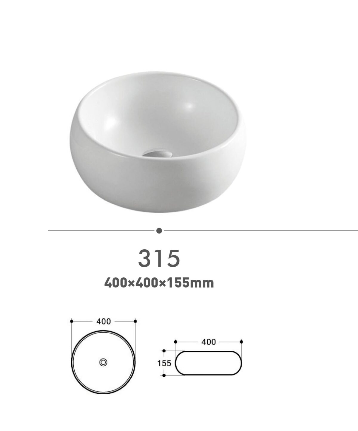 Round white ceramic sink with dimensions 400x400x155mm.