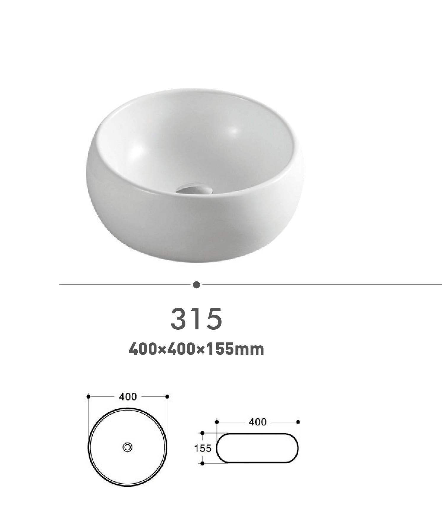 Round white ceramic sink with dimensions 400x400x155mm.