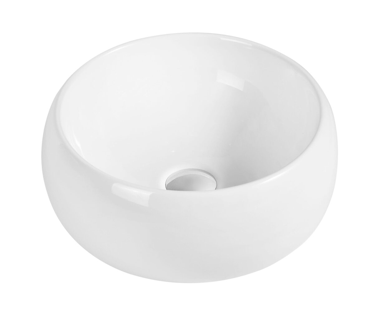 White ceramic round bathroom sink on a white background.