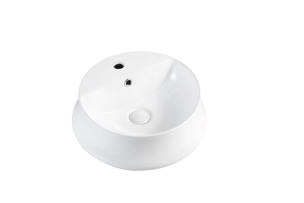 White ceramic bathroom sink with overflow and drain hole.