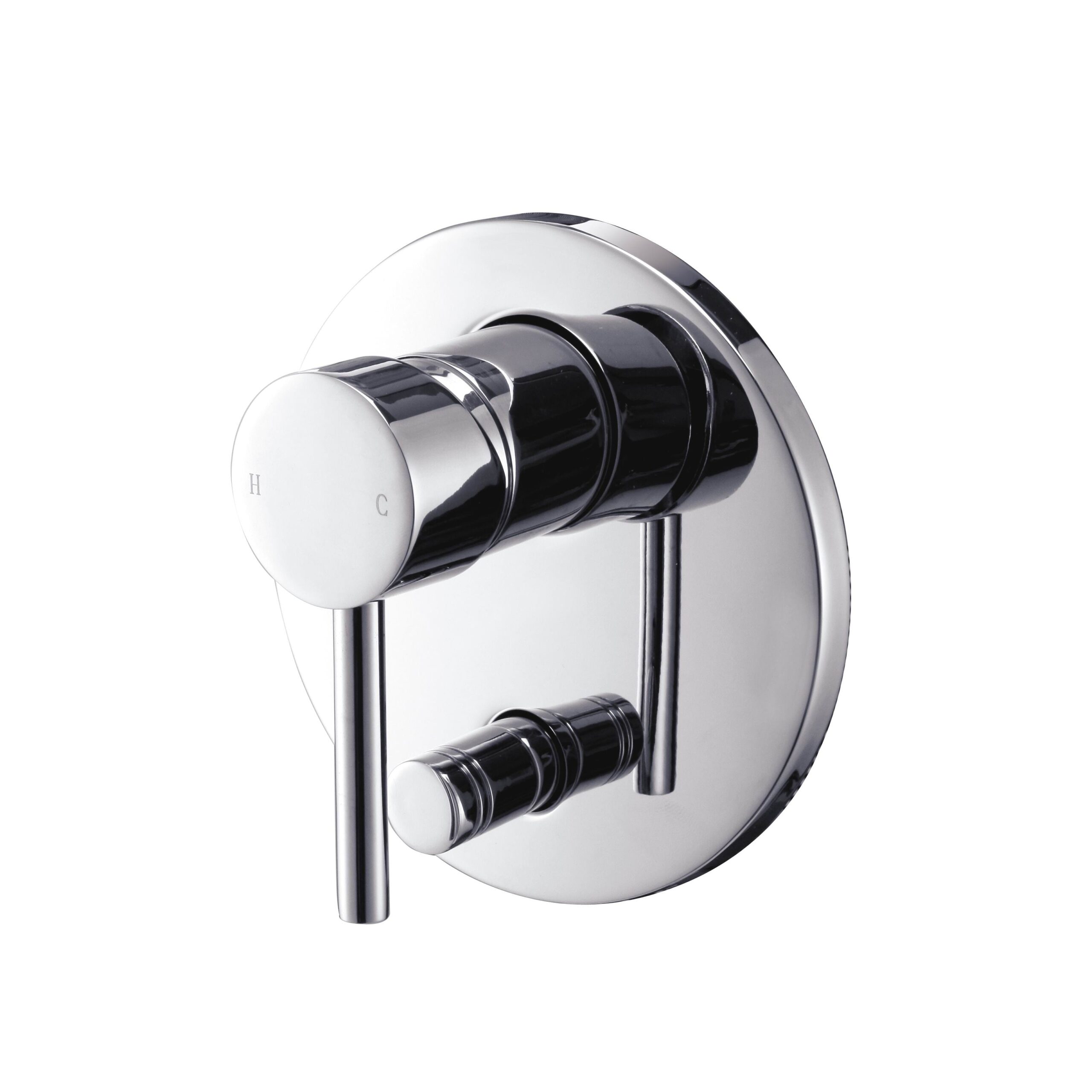 Chrome shower mixer with dual handles for hot and cold water.
