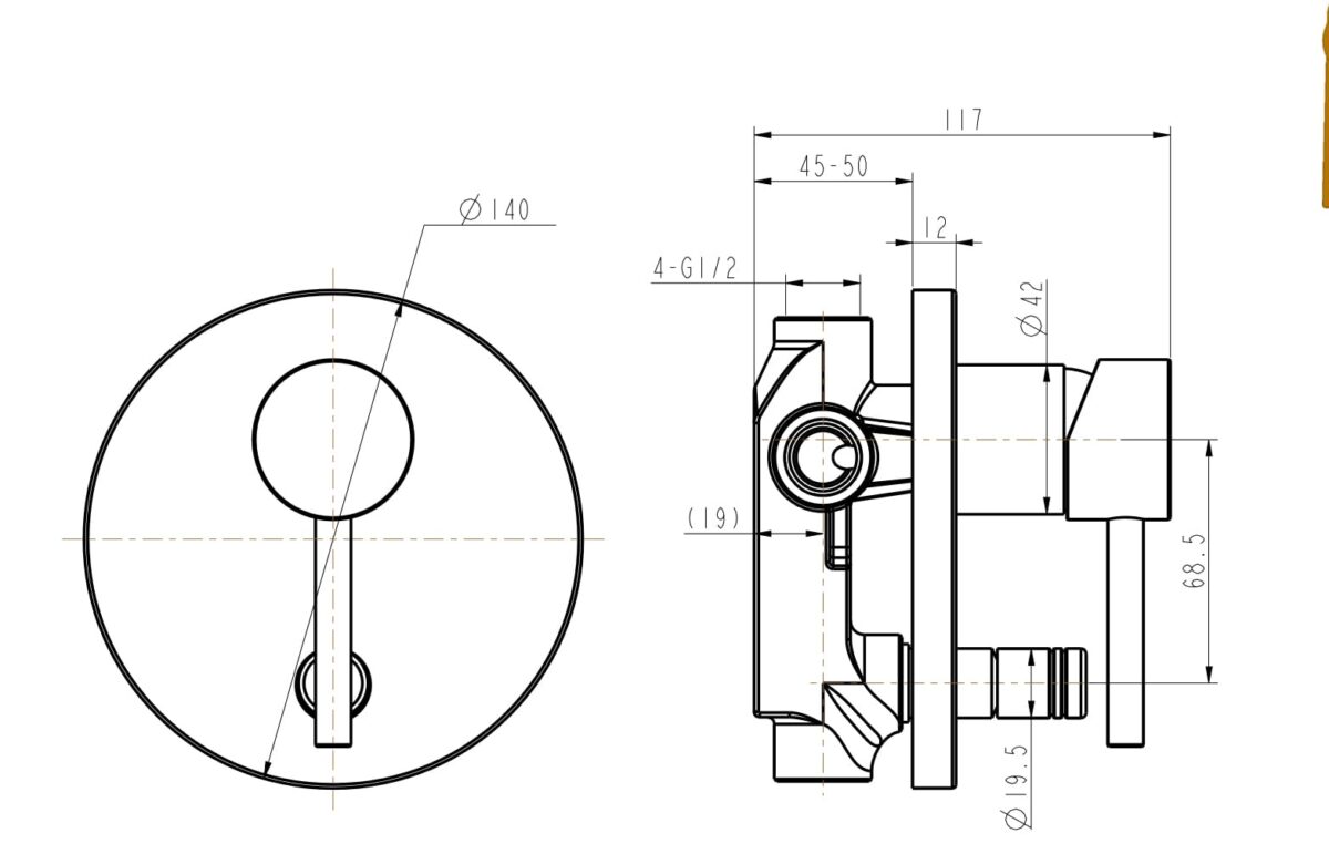 Technical drawing of a round shower mixer with dimensions.