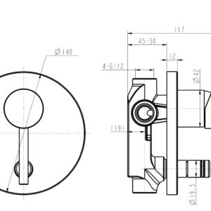 Technical drawing of a round shower mixer with dimensions.