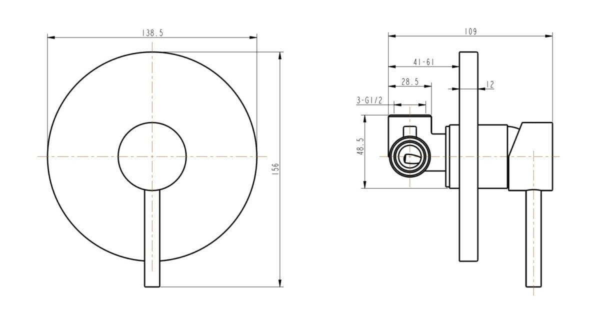 Technical drawing of a wall-mounted shower mixer with dimensions.