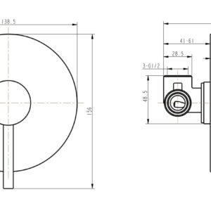 Technical drawing of a wall-mounted shower mixer with dimensions.