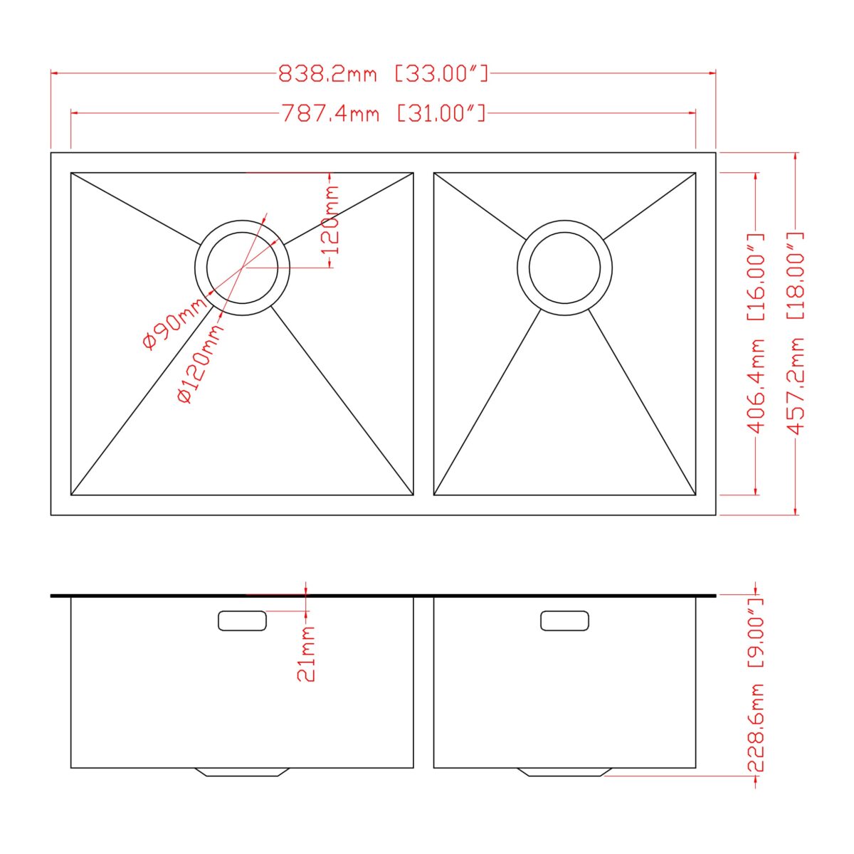 Technical drawing of a double kitchen sink with dimensions in millimeters and inches.