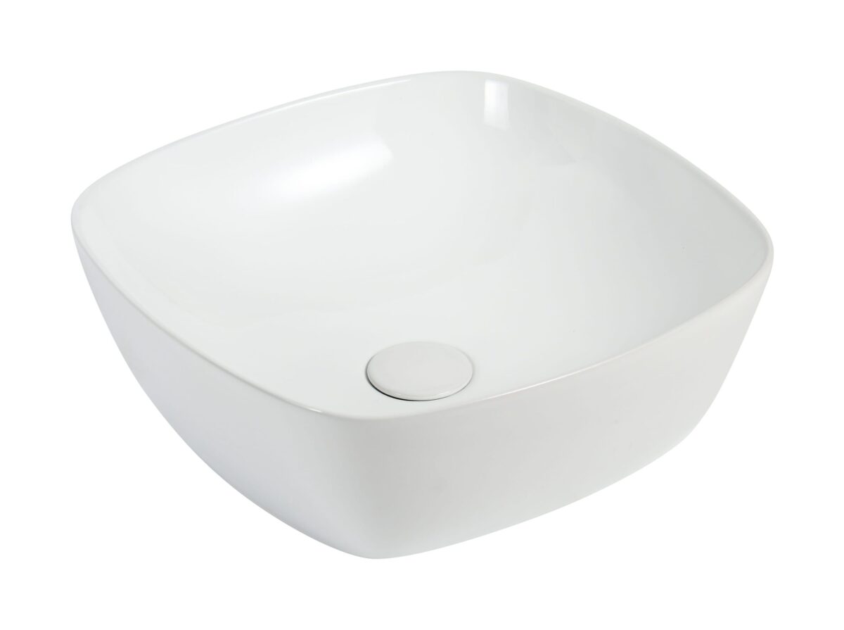 White square ceramic bathroom sink with rounded edges.