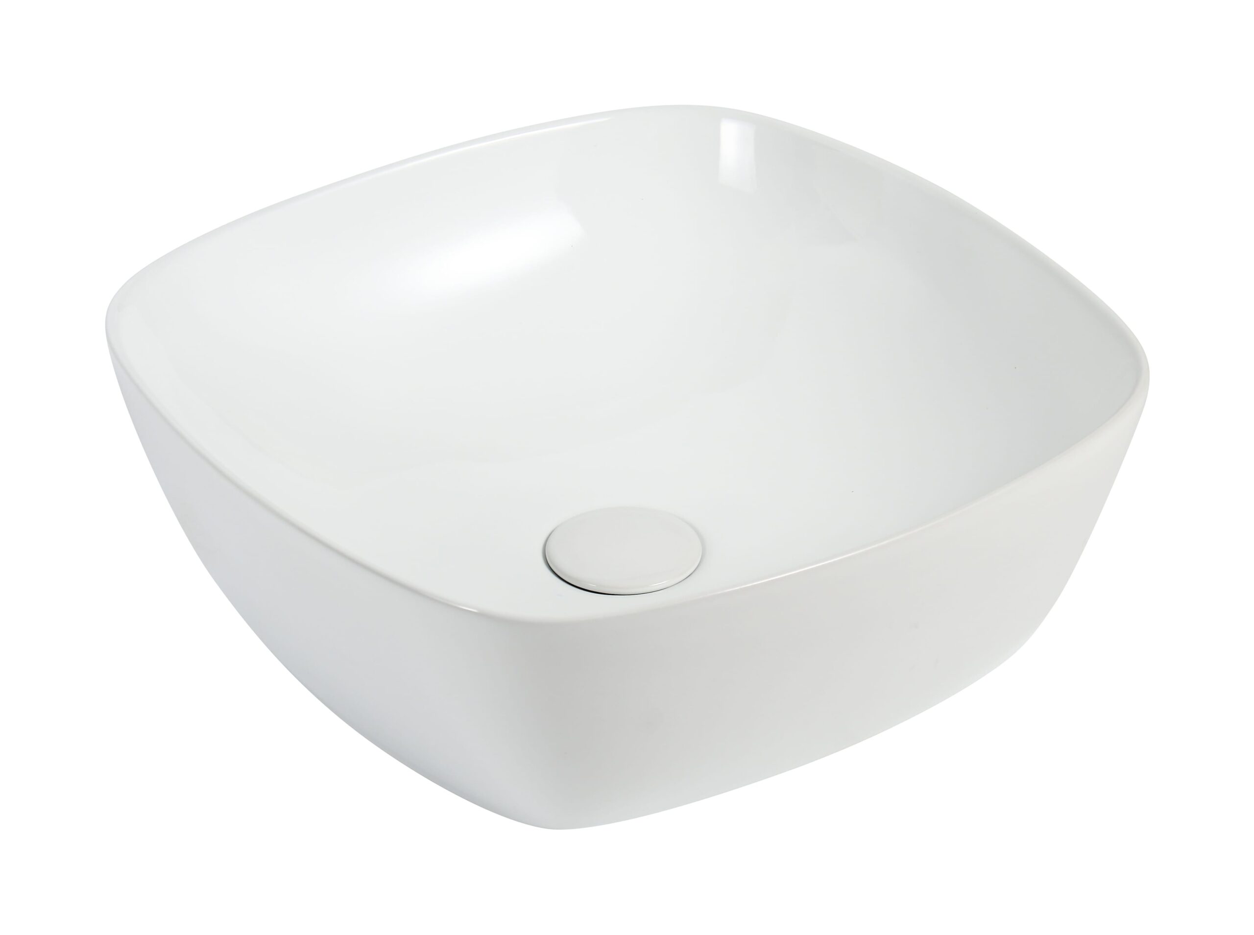 White square ceramic bathroom sink with rounded edges.