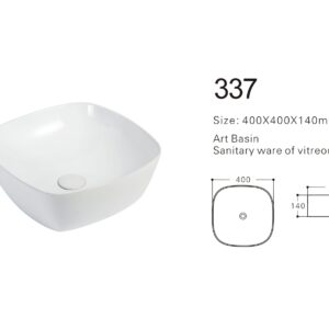 White square art basin with dimensions 400x400x140mm, sanitary ware of vitreous china.