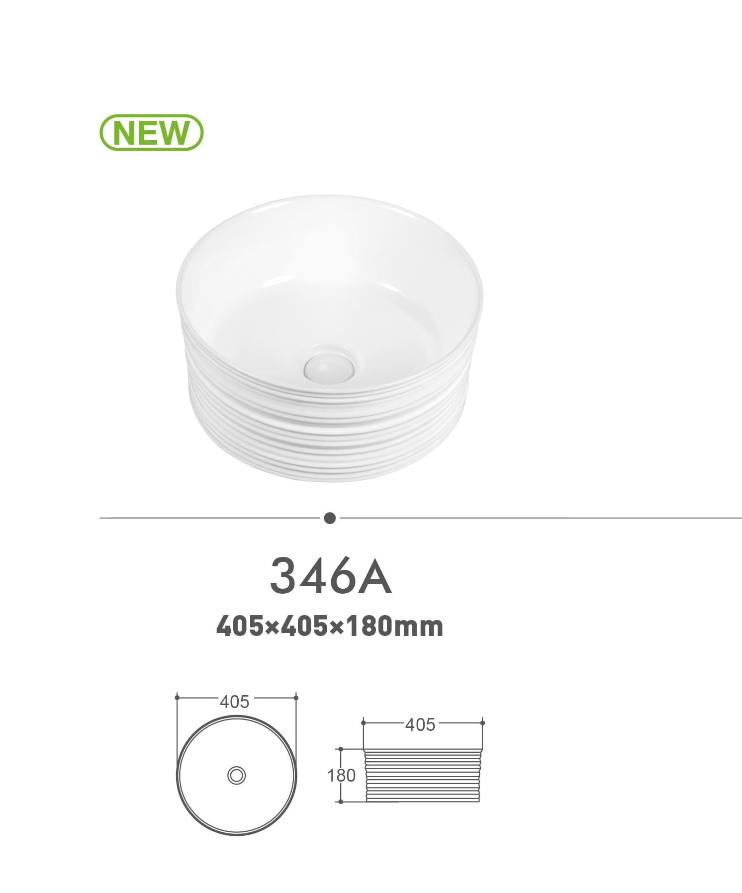 White round dish, model 346A, dimensions 405x405x180mm.