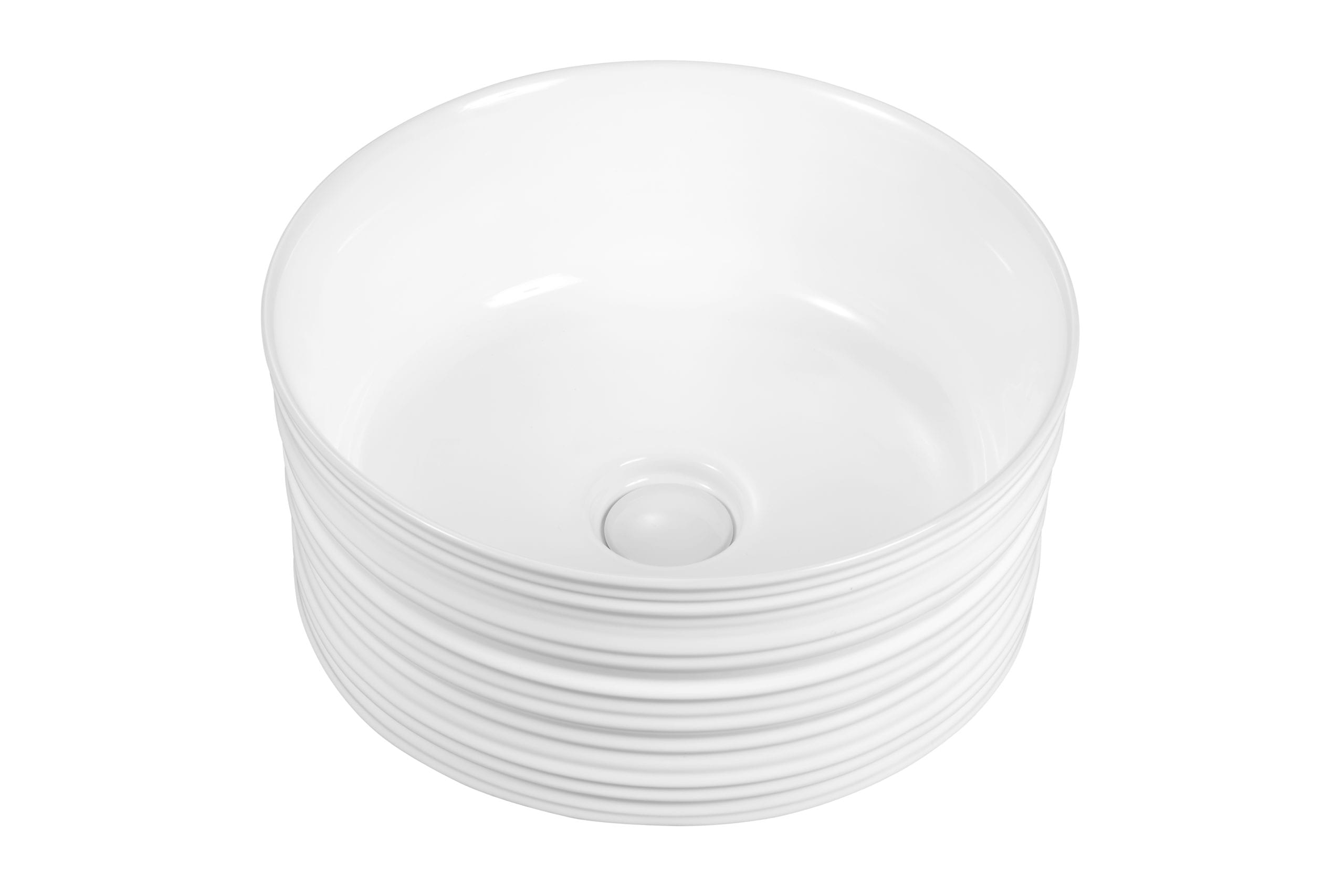 Stack of white ceramic bowls on a white background.