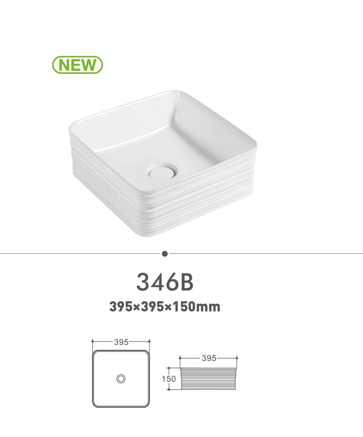 Square white sink model 346B with dimensions 395x395x150mm.