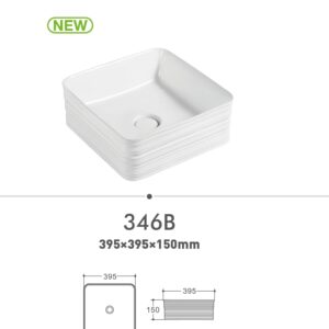 Square white sink model 346B with dimensions 395x395x150mm.