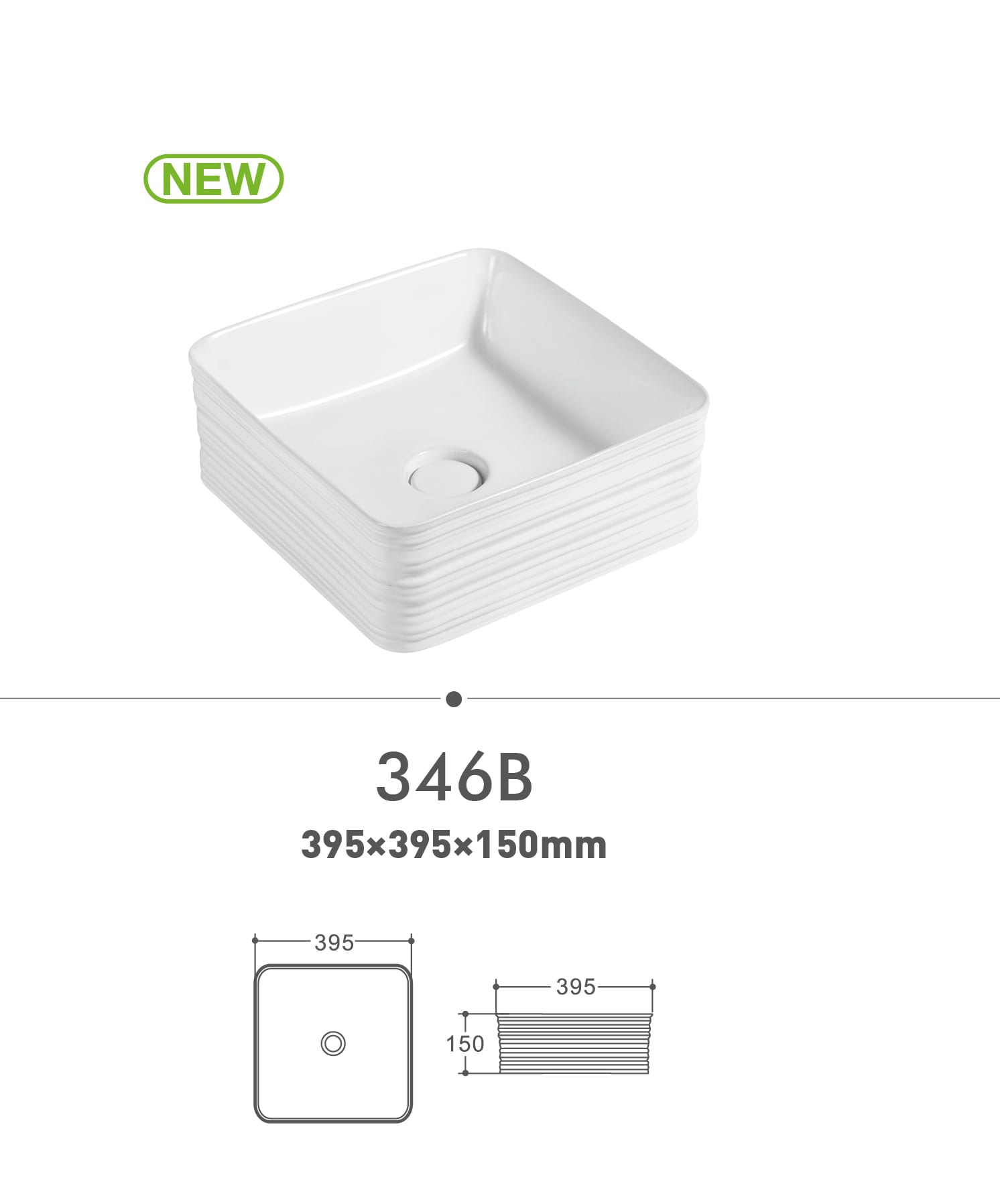 Square white sink model 346B with dimensions 395x395x150mm.