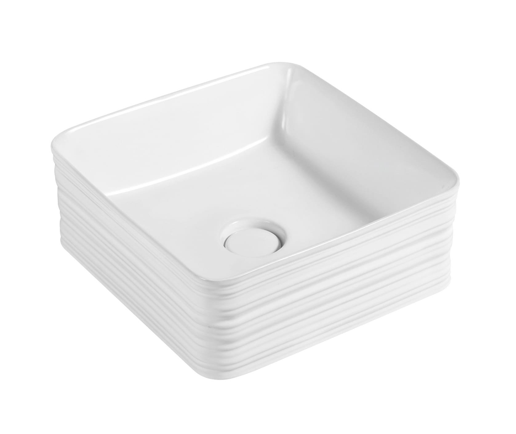 Square white ceramic sink with ribbed sides.