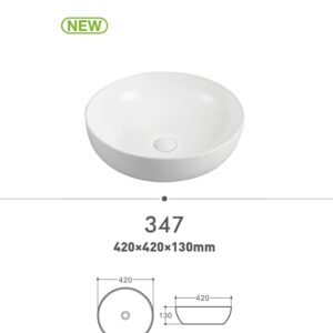 White round ceramic basin, model 347, dimensions 420x420x130mm.