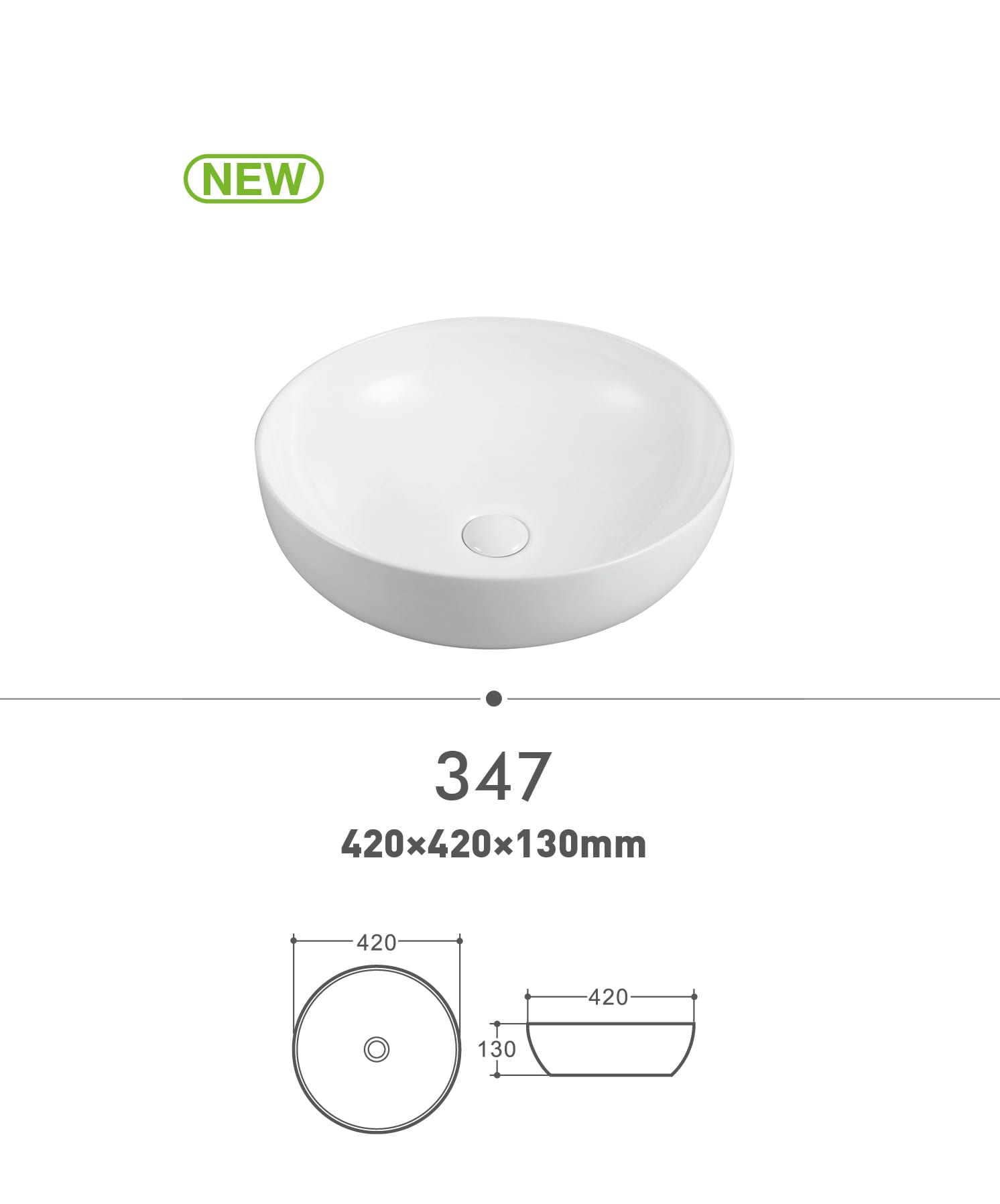 White round ceramic basin, model 347, dimensions 420x420x130mm.