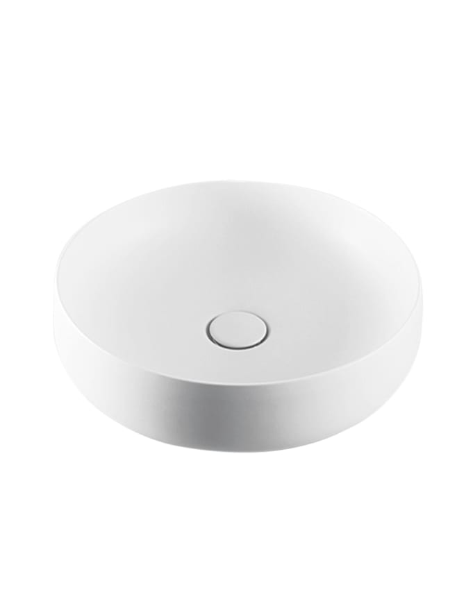 White ceramic round bathroom basin on a white background.