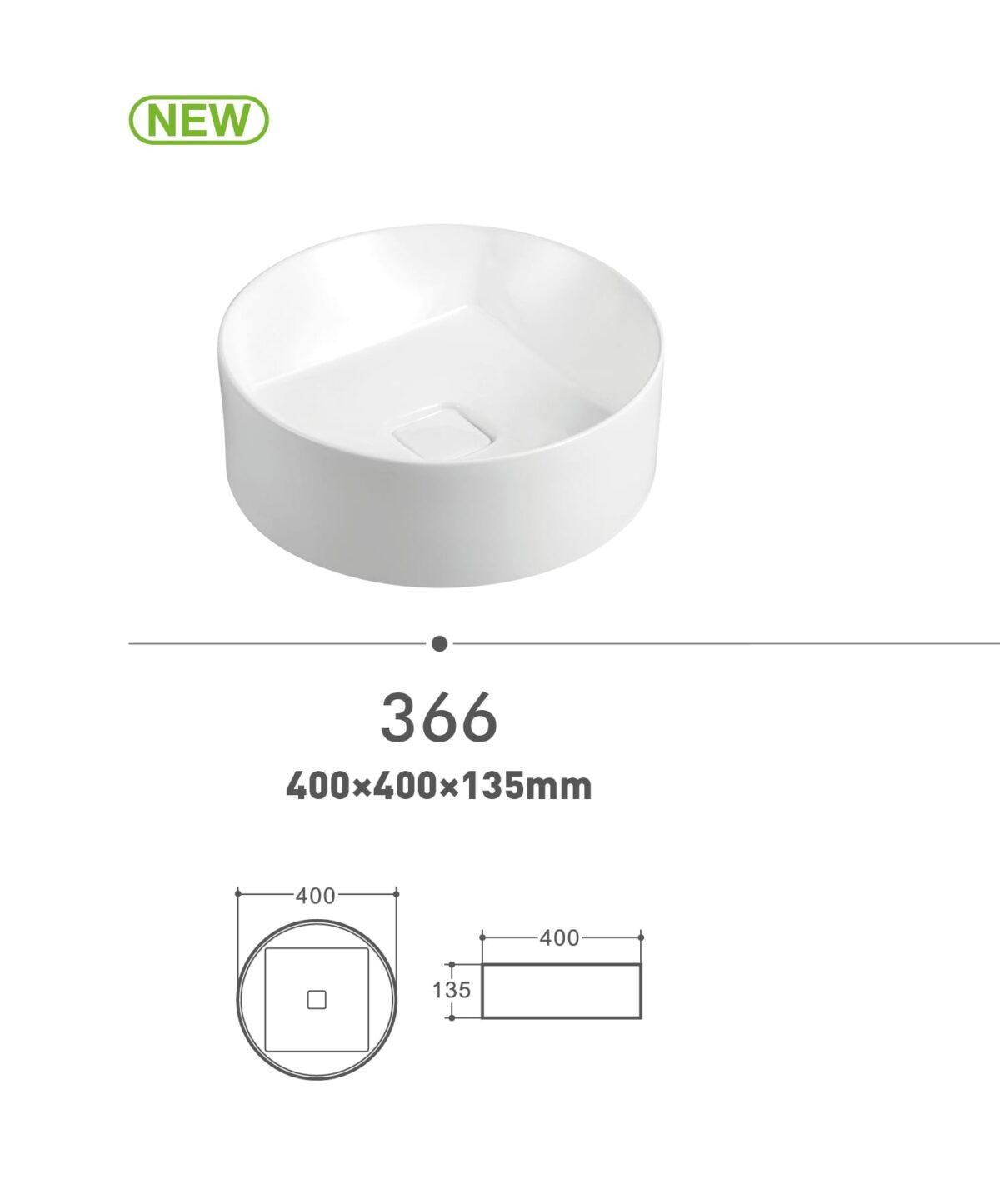 Round white ceramic basin, model 366, dimensions 400x400x135mm.