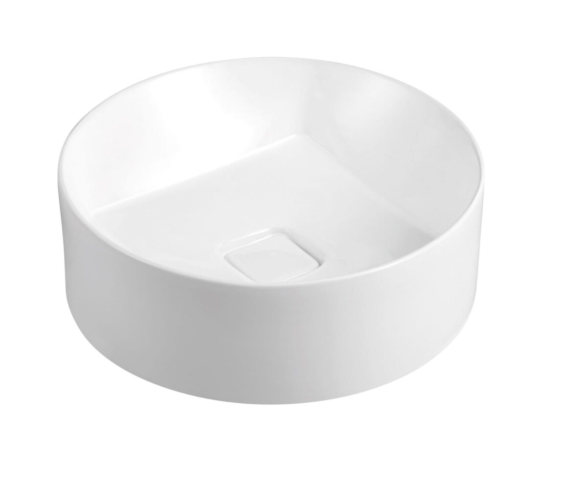 366 (2) White ceramic kitchen sink with a modern, round design.