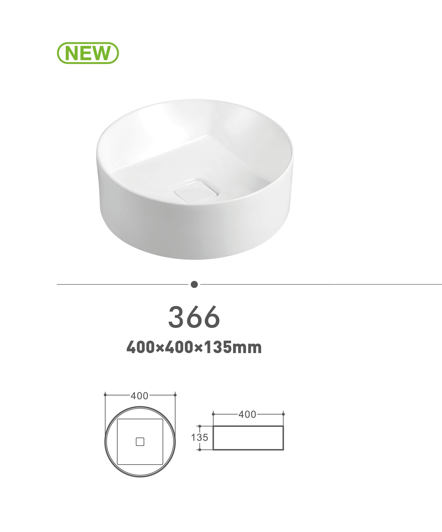 Round white ceramic basin, model 366, dimensions 400x400x135mm.