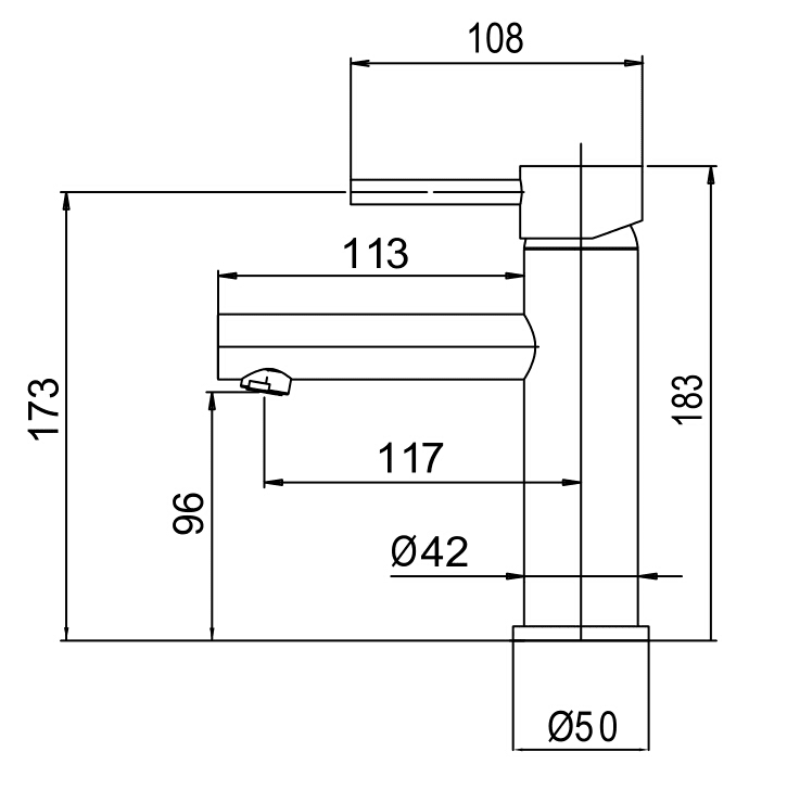 Diagram of kitchen faucet with dimensions in millimeters.