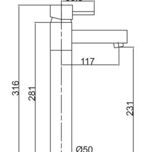 Technical drawing of a kitchen faucet with measurements.