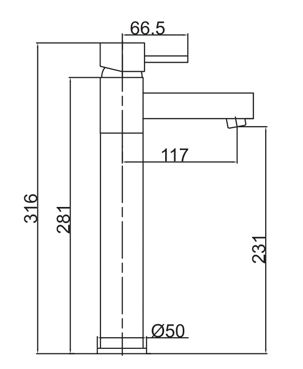 Technical drawing of a kitchen faucet with measurements.