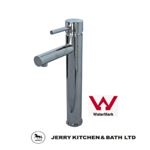 Chrome faucet with WaterMark logo, Jerry Kitchen & Bath branding.