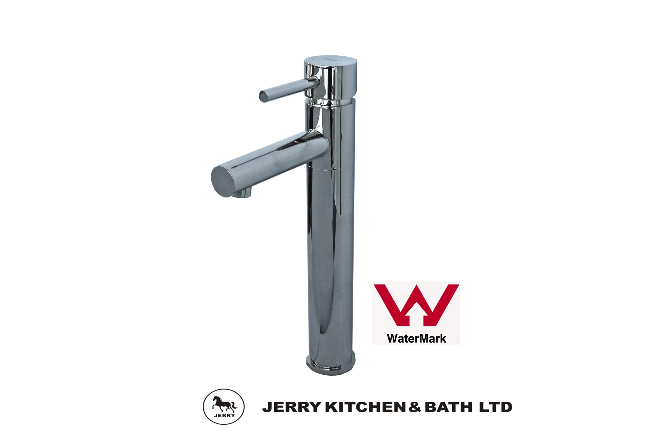 Chrome faucet with WaterMark logo, Jerry Kitchen & Bath branding.