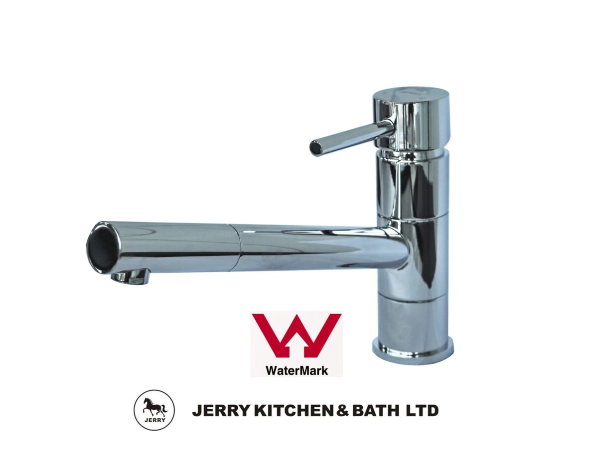 Chrome kitchen faucet with Jerry Kitchen & Bath Ltd logo.