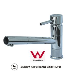 Chrome kitchen faucet with Jerry Kitchen & Bath Ltd logo.